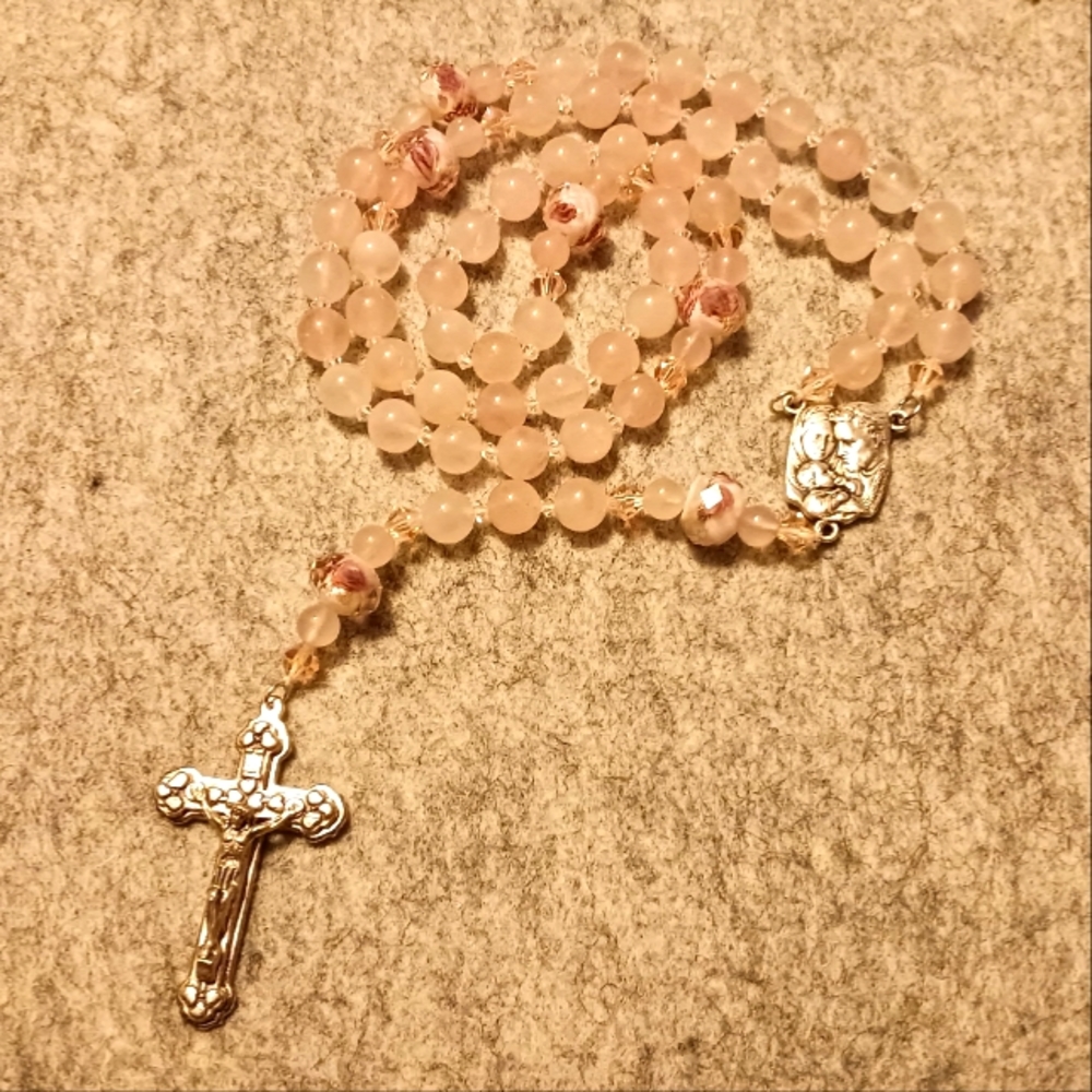 Rosary Necklace Beaded Rose Quartz, AB crystals and glass Rose beads.